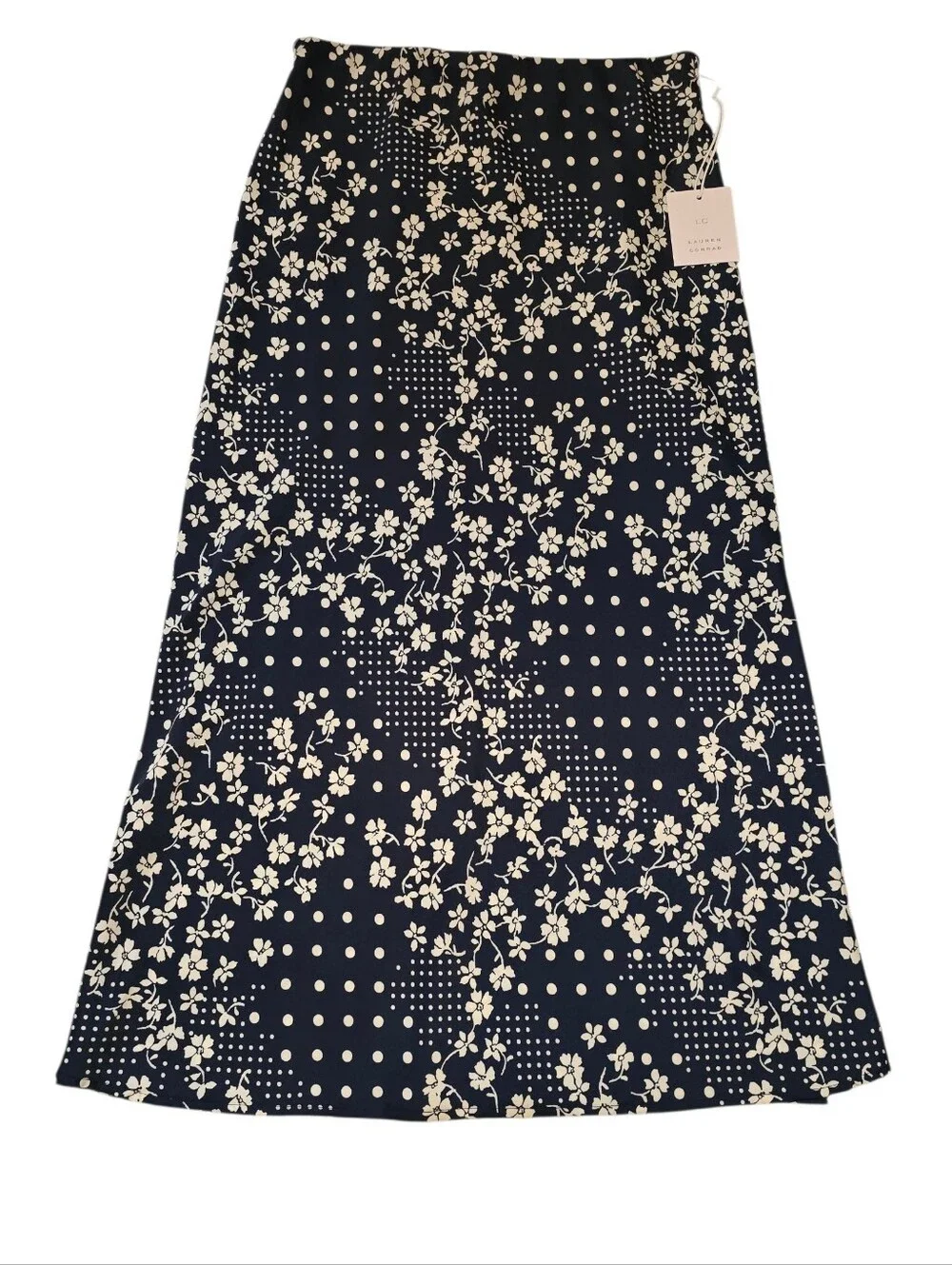 Lauren Conrad Navy Midi Skirt with Cream Floral & Dot Print